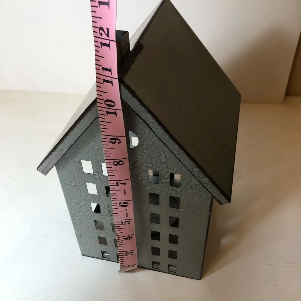 Decorative Galvantized Metal House Lantern/Candle/Votive Holder, EUC, Gray